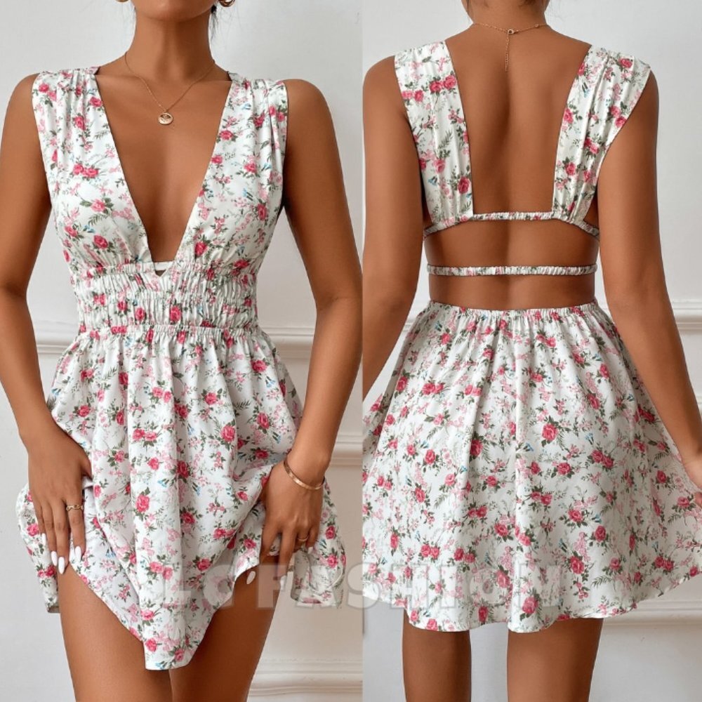 Boho Floral Mini dress, Beach Floral Cut Out Back Cottagecore Country Dress